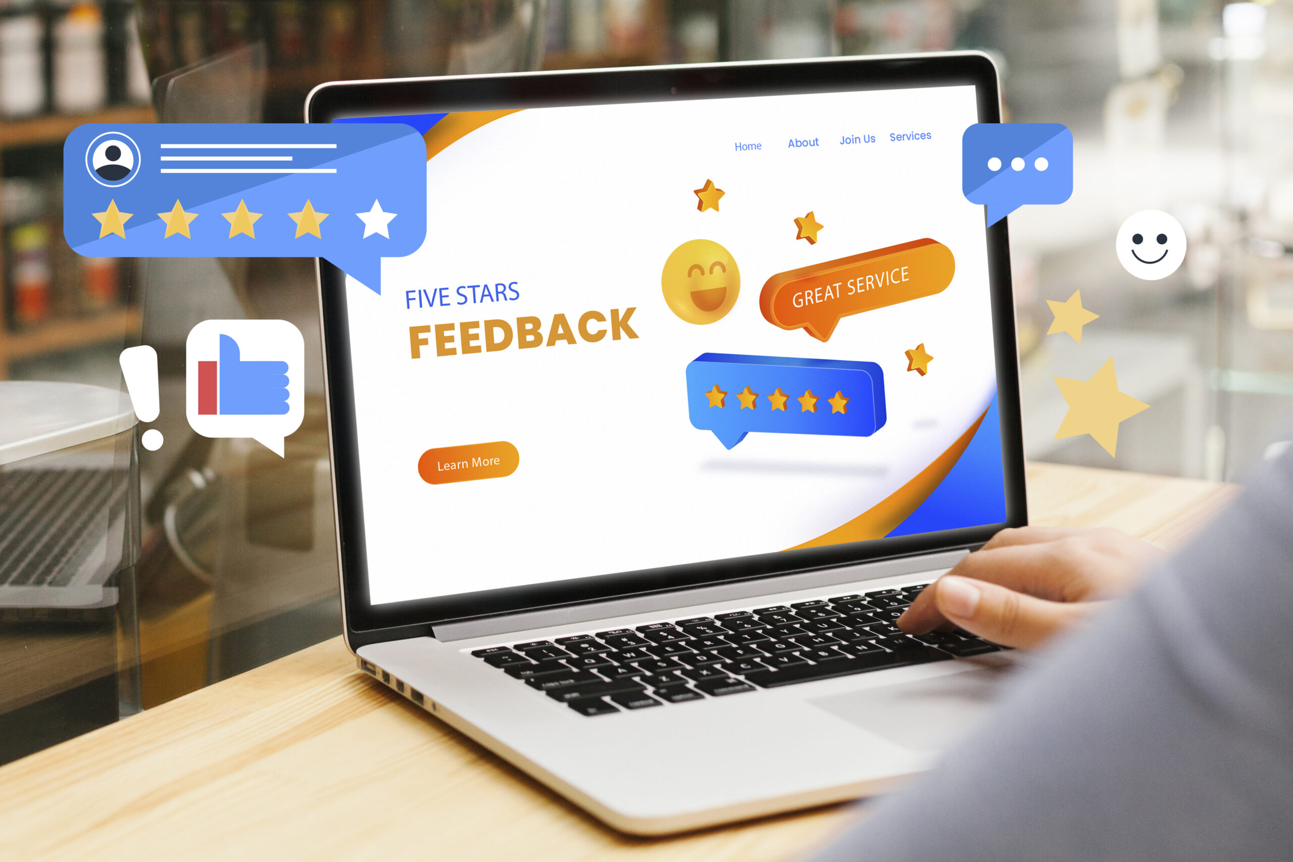 Ordenador portátil mostrando una página de feedback para la gestión de Redes Sociales en Álava y Reputación Online.