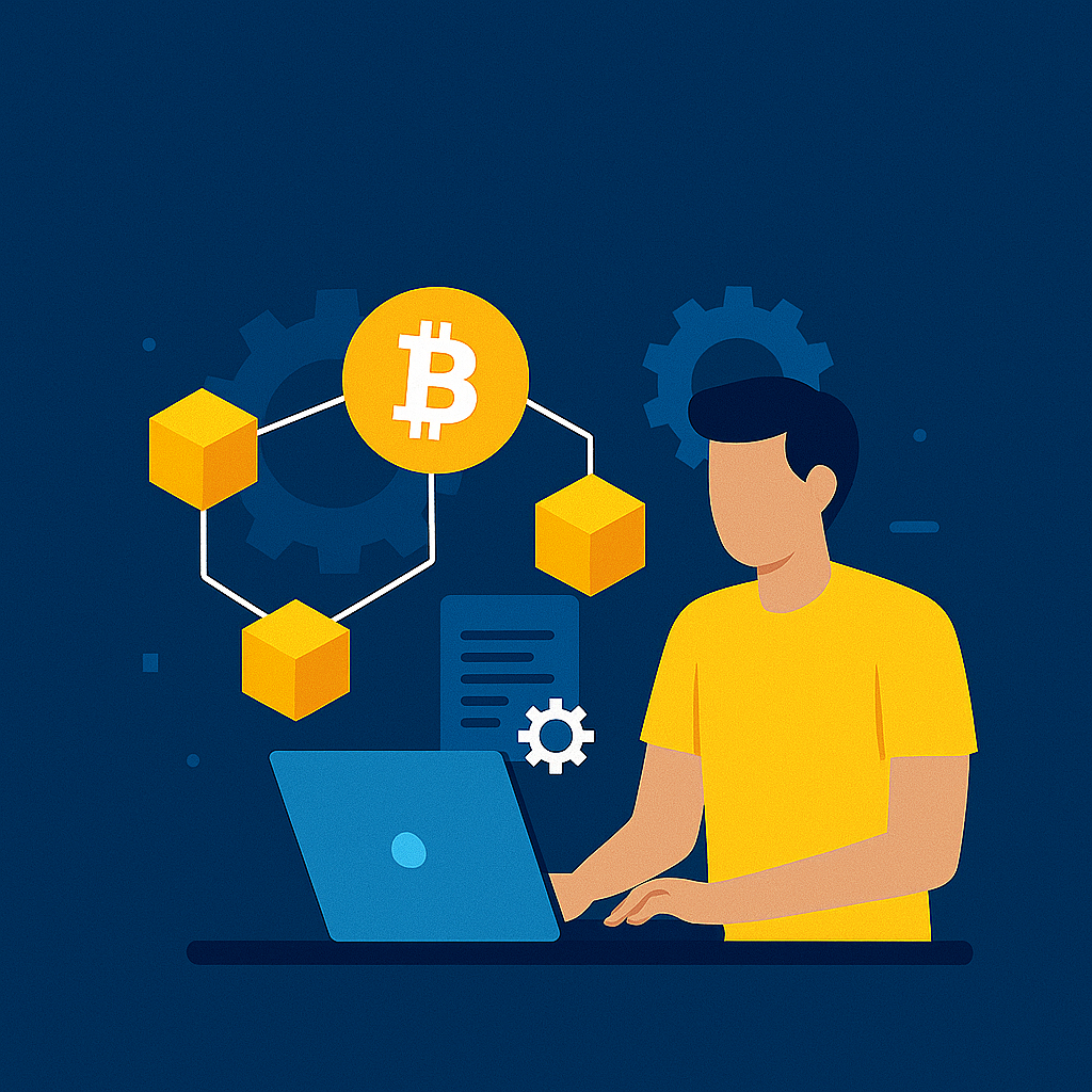 Ilustración de programador trabajando en desarrollo blockchain y smartcontracts en Cuenca | ENOVA Studios